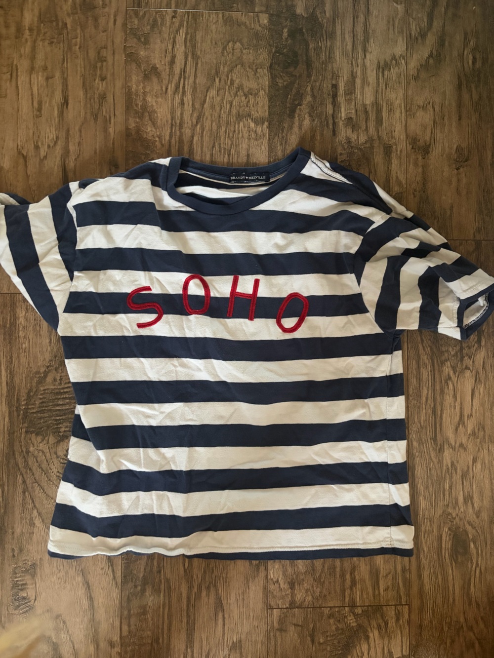 Brandy Melville Navy & White Striped Tee with Red SOHO Embroidery